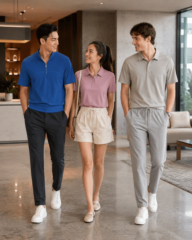Group of three friends wearing pastel polo shirts walking outdoors