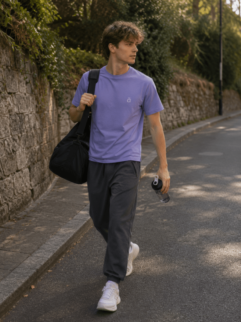 Man wearing a purple t-shirt carrying a bag walking outdoors