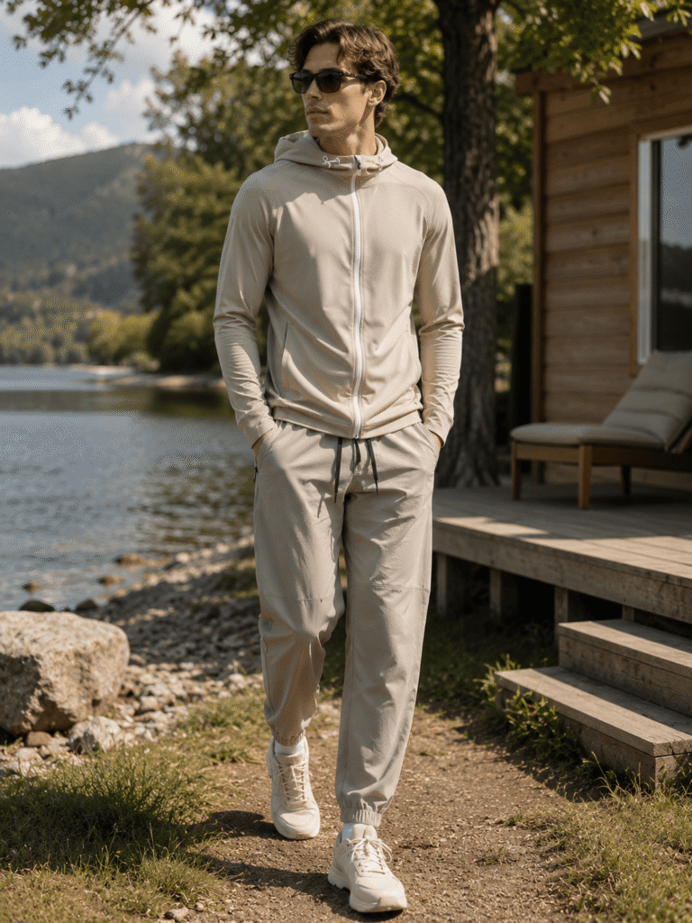 Man wearing outdoor clothing standing by a lake with mountains in the background