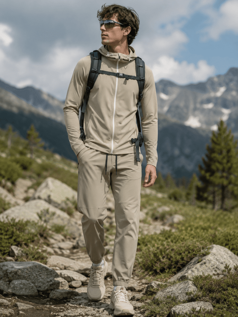 Man wearing outdoor gear with a backpack hiking on a mountain trail