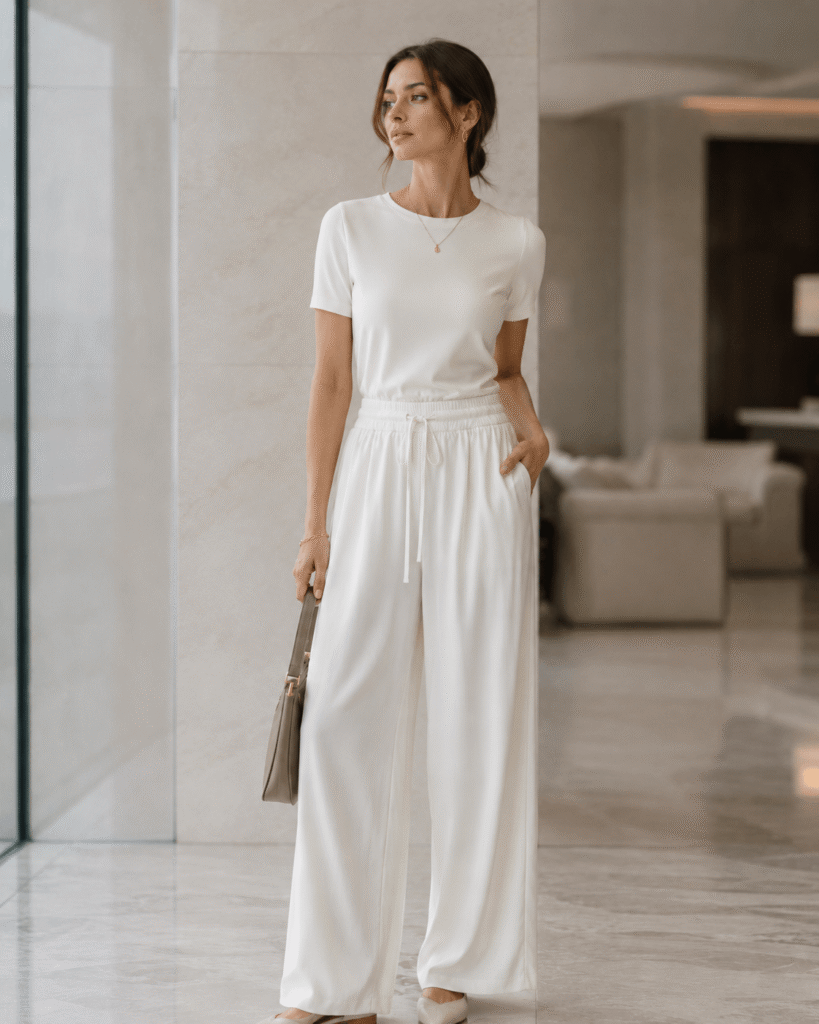 Woman wearing a white dress standing in an indoor setting