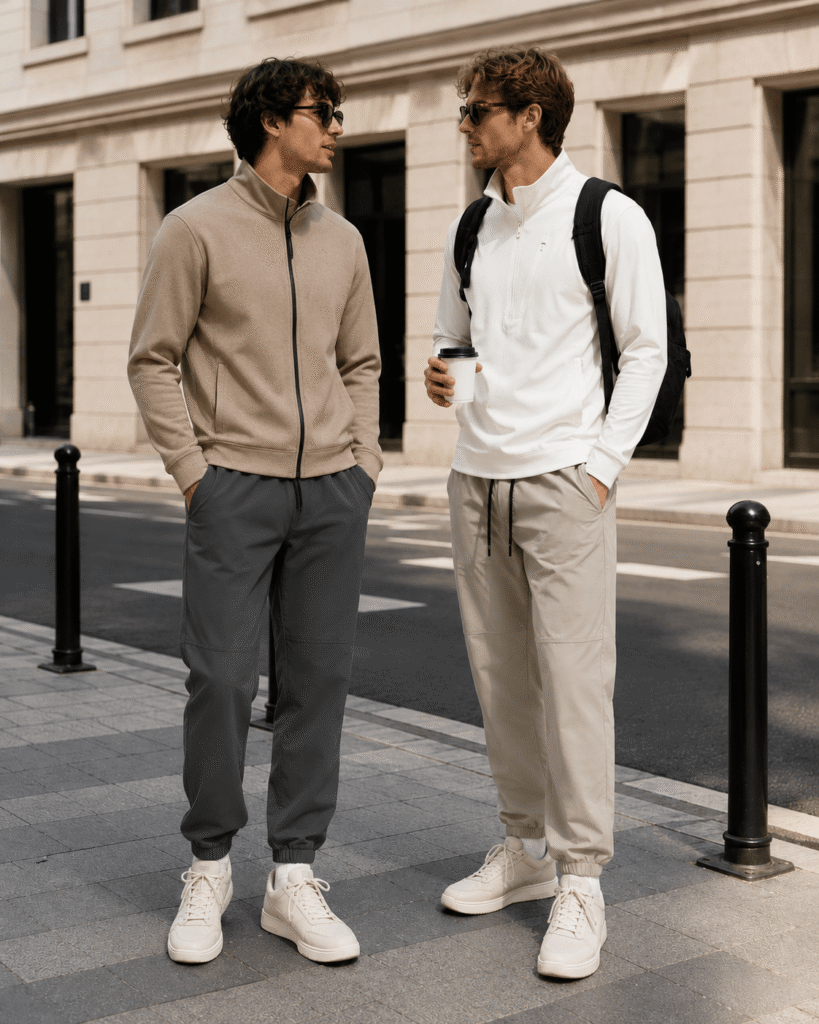 Two men wearing gray jackets with a backpack standing outdoors