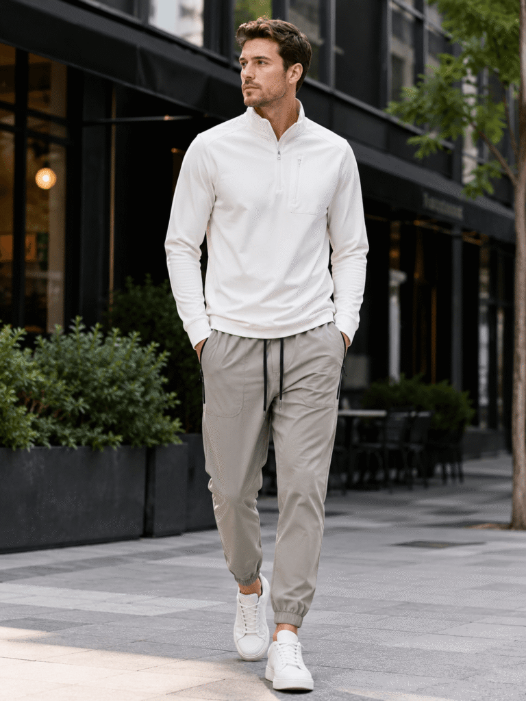 Man wearing a white hoodie and matching pants outdoors