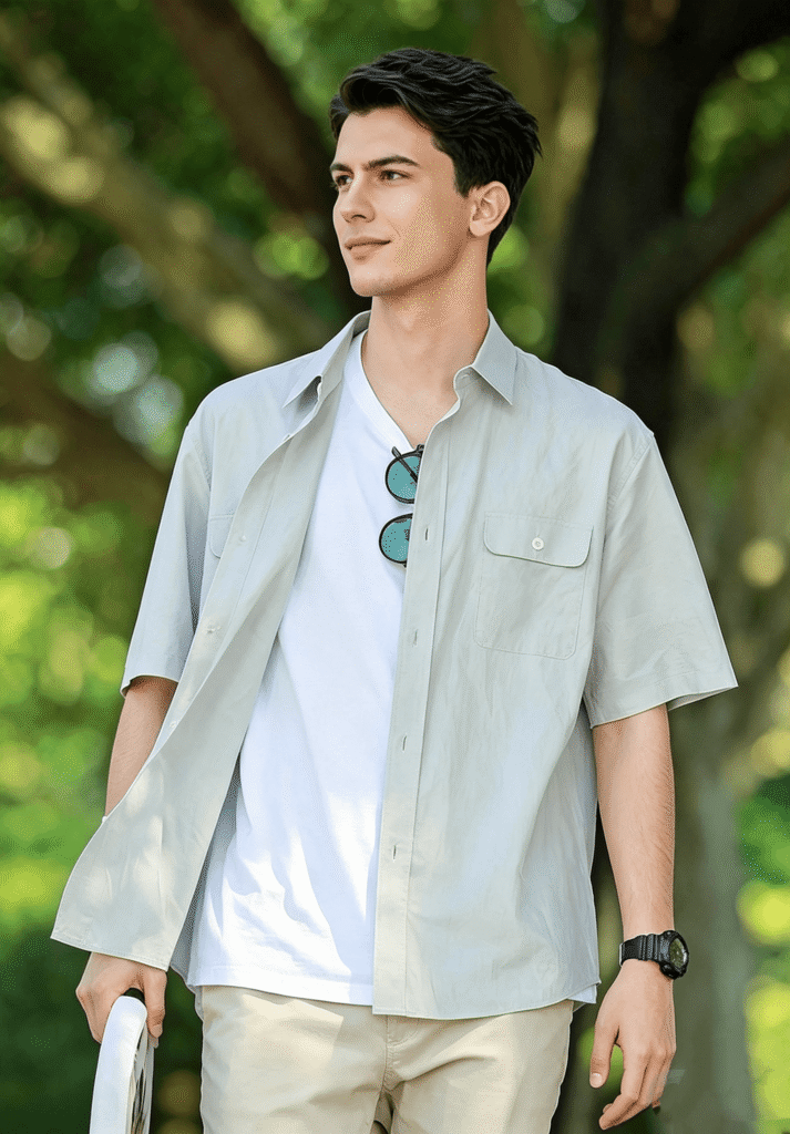 Man wearing a light green shirt with sunglasses outdoors