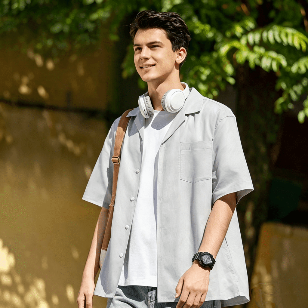 Man wearing a white shirt and light jacket outdoors