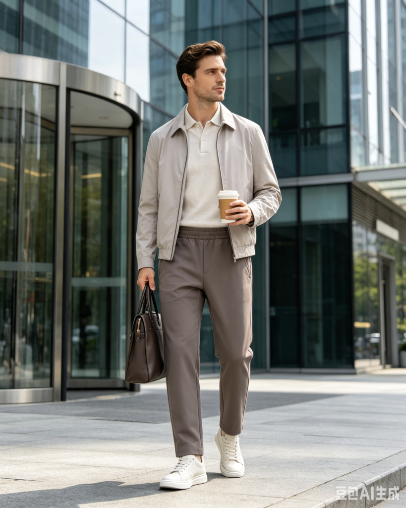 Woman wearing a beige coat holding a coffee cup near a modern building