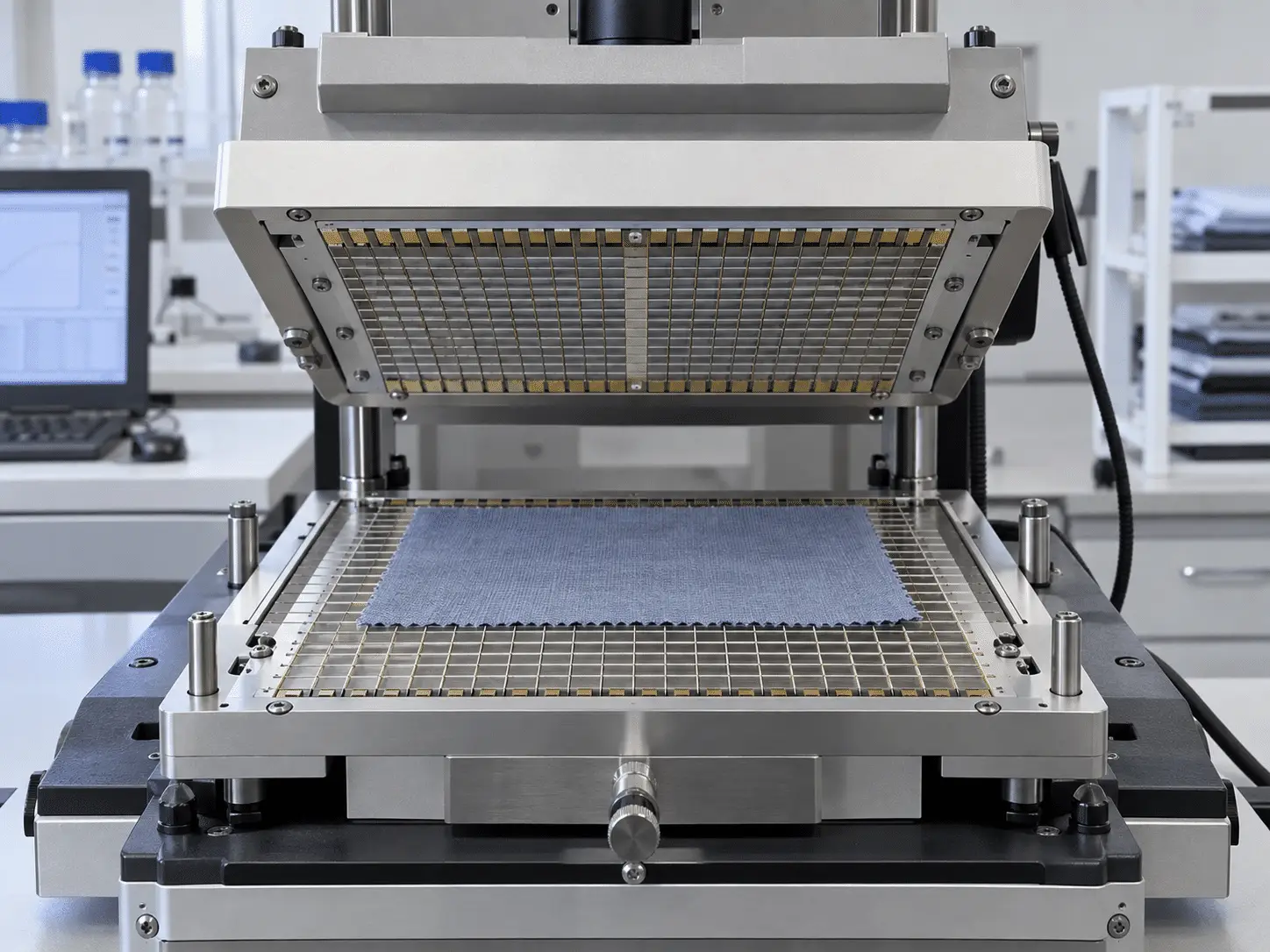 AATCC 195 moisture management tester equipment with fabric sample between sensor grids