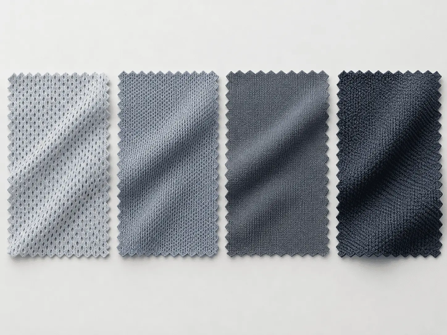 four moisture-wicking fabric swatches at different weights side by side