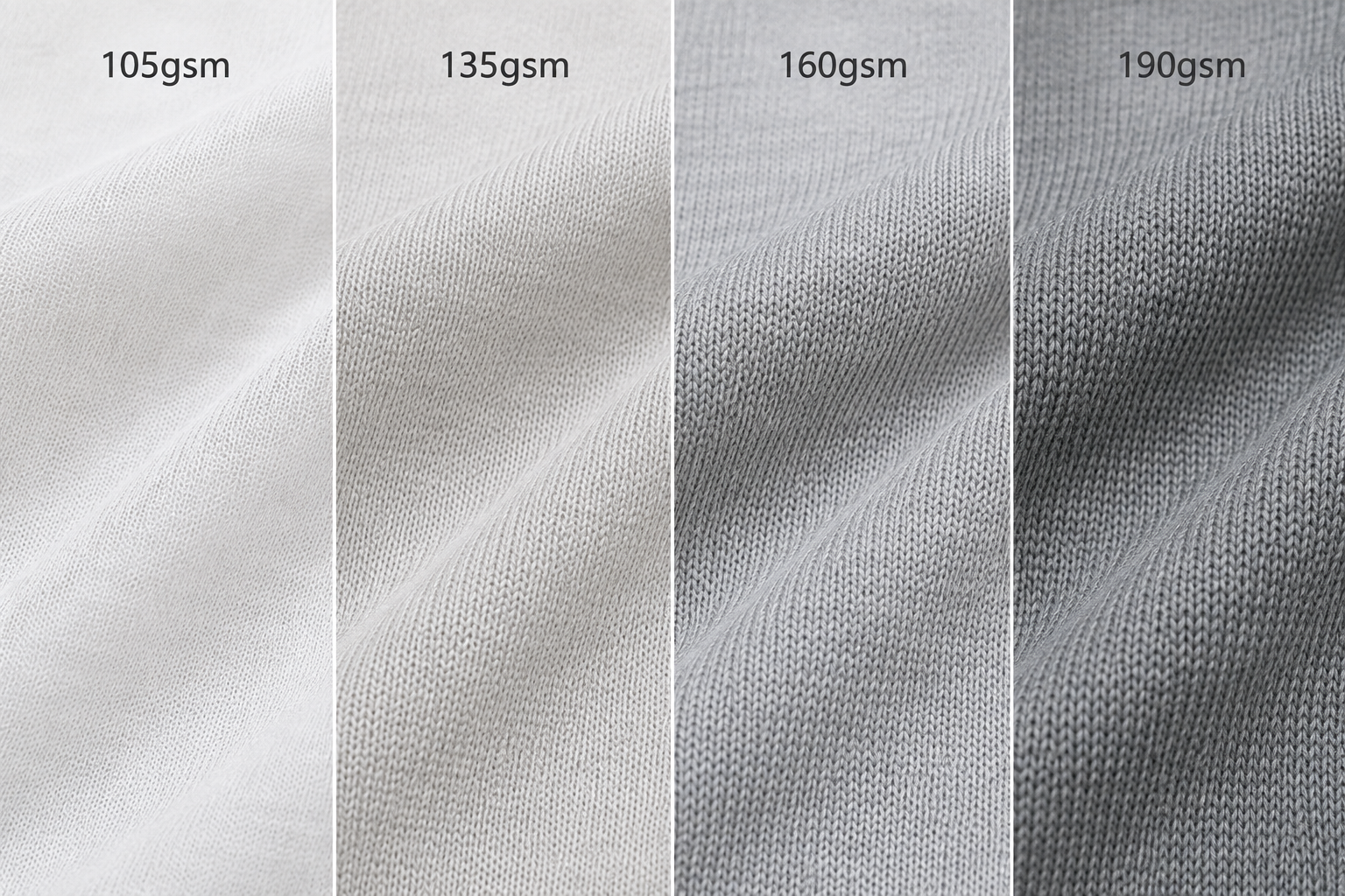 four lightweight knit fabric swatches at different weights from 105gsm to 190gsm